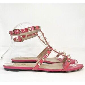 Valentino Garavani Rockstud Patent Leather Sandals Hot Pink Gold Stud Sz EU 37 7